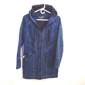 Oxygen Women's Hooded Long Moto Lined Denim Zip Up Jacket Pockets Small